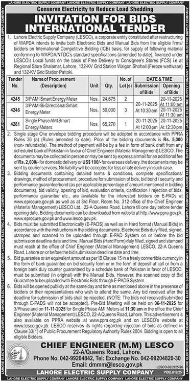 Lahore Electric Supply Company Tender Notice